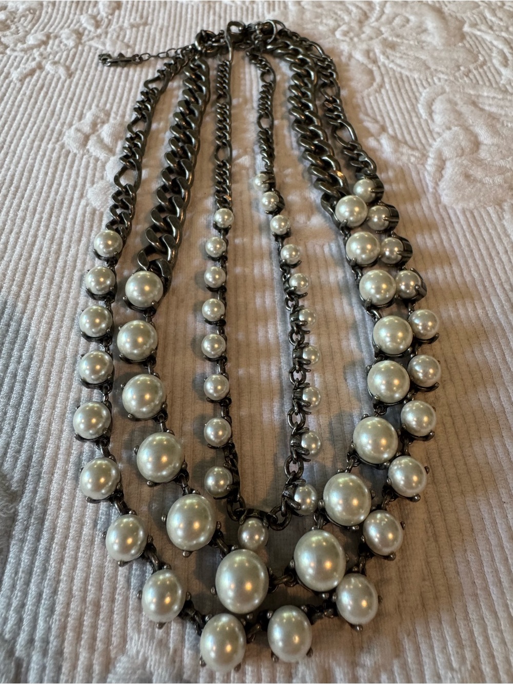 CAbi Multi-Strand Pearl Drop Necklace - Silver Pearls on Dark Chain